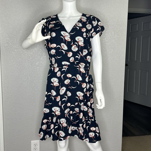 J Crew Size 14 Navy Blue Floral Print Ruffle Faux Wrap Dress Casual - Picture 2 of 7